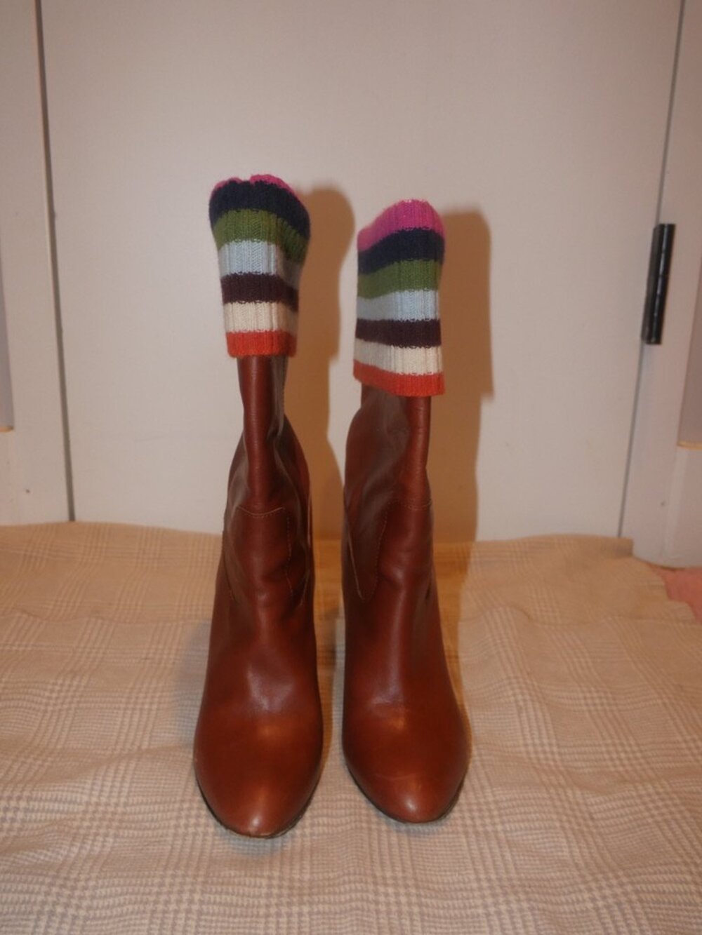 Coach Brown Leather Knee High Stiletto Boots Multicolor Striped Knit Cuff - Picture 2 of 8
